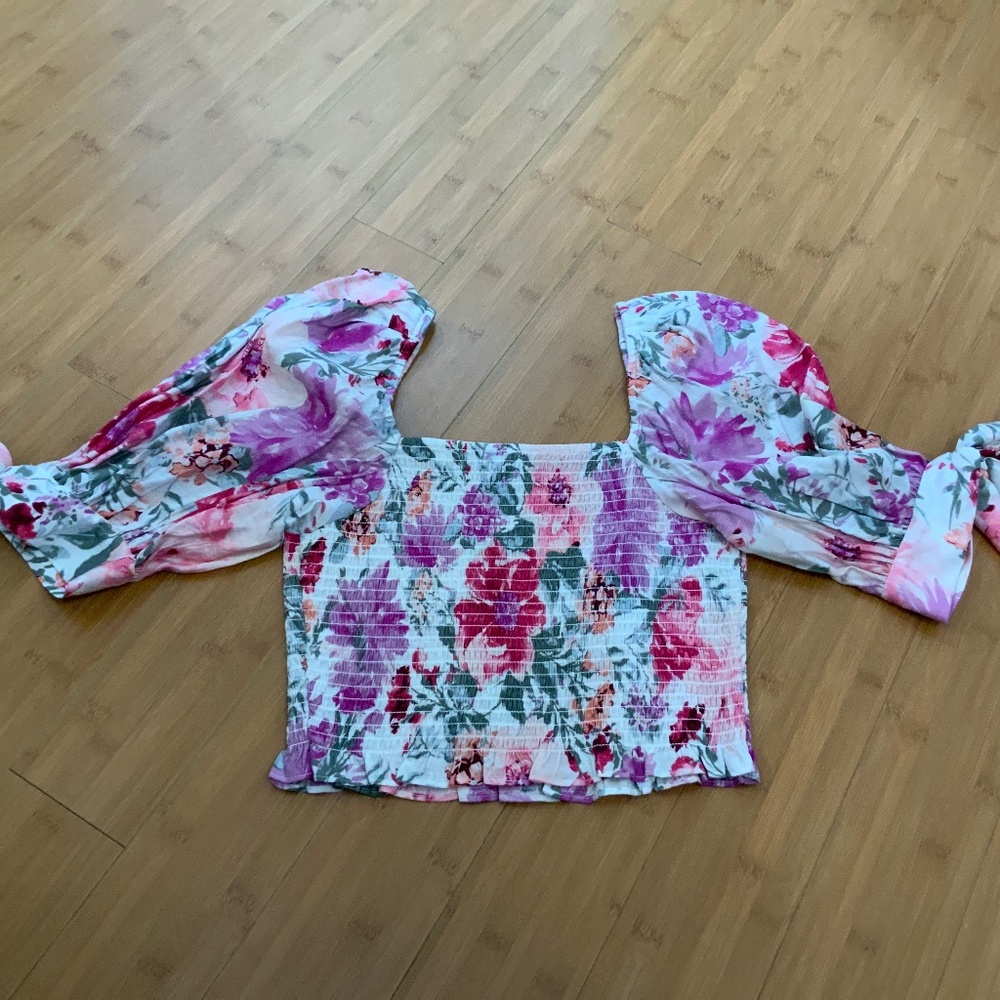 Express Floral Smocked Puff Sleeve Top